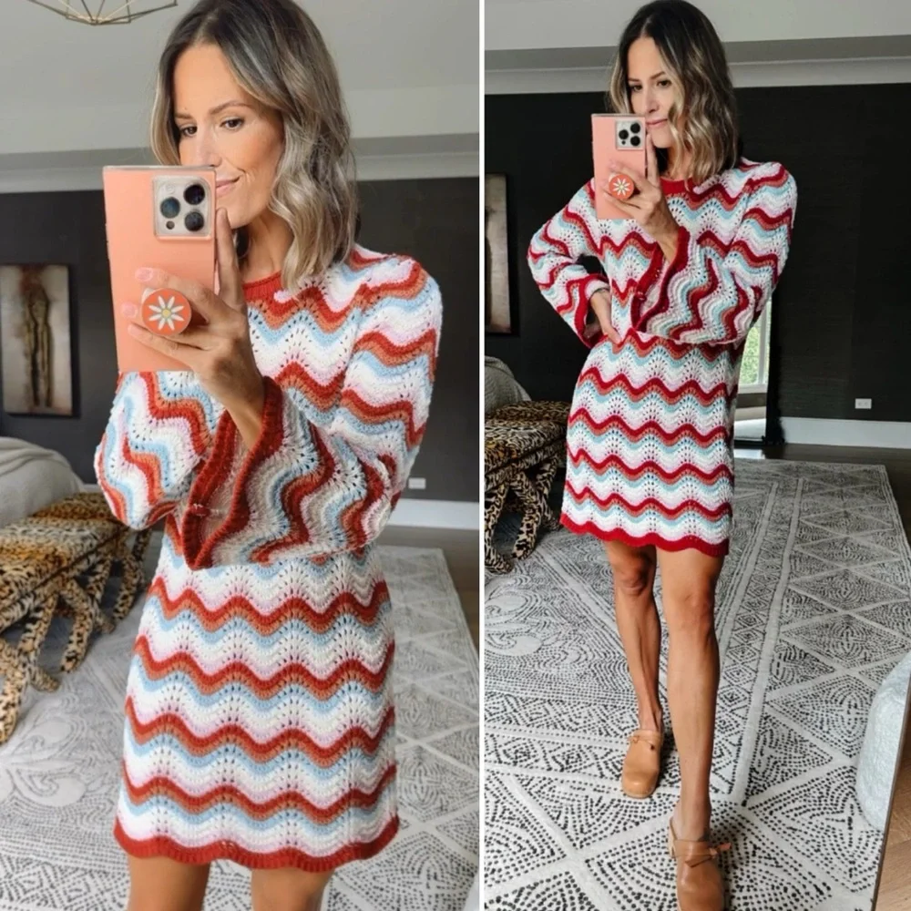 NWT 27 Miles Malibu Reno Crochet dress w lettuce trim & bell sleeves multicolor - Picture 1 of 8